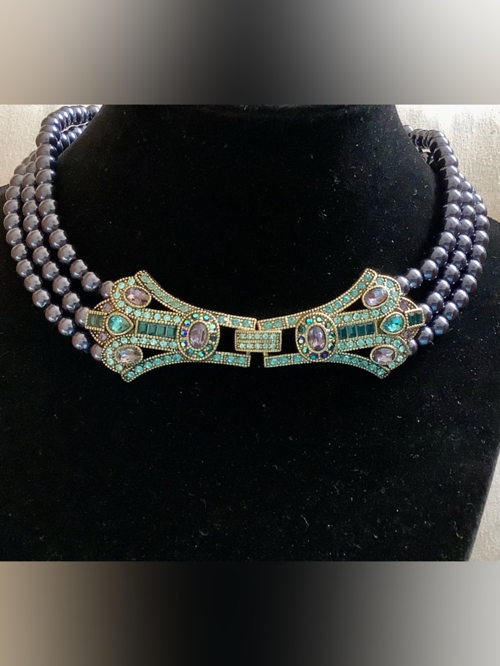 Heidi Daus triple strand navy pearl choker with Swarovski crystal clasps NWOT